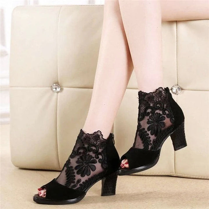 Women's Black Heels Peep Toe Ankle | Floral Mesh