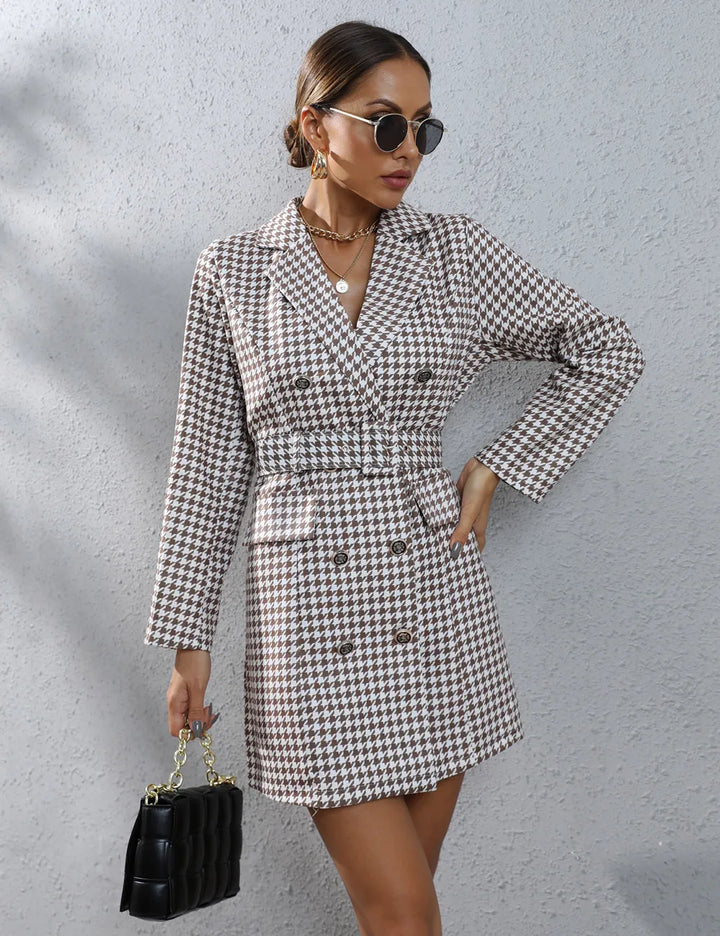 Women's Blazer Dress with Check Print & Buckle Belt | Mini