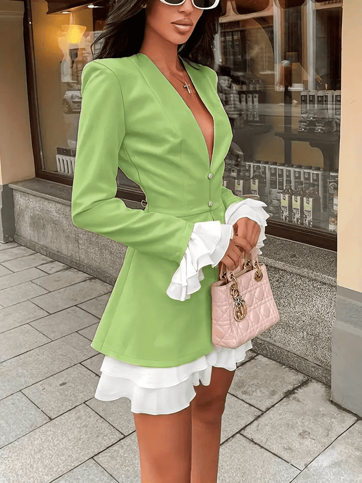 Women's Blazer Dress with Ruffle Cuffs & Plunge Neck | Mini