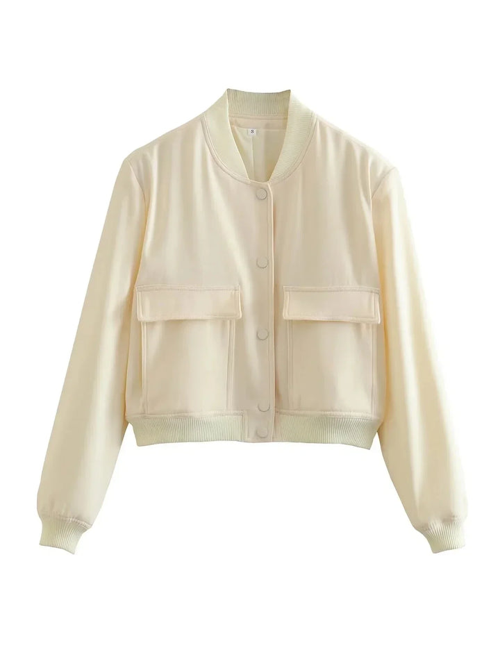 Women's Bomber Jacket Cropped Snap Button Flap Pocket | Casual
