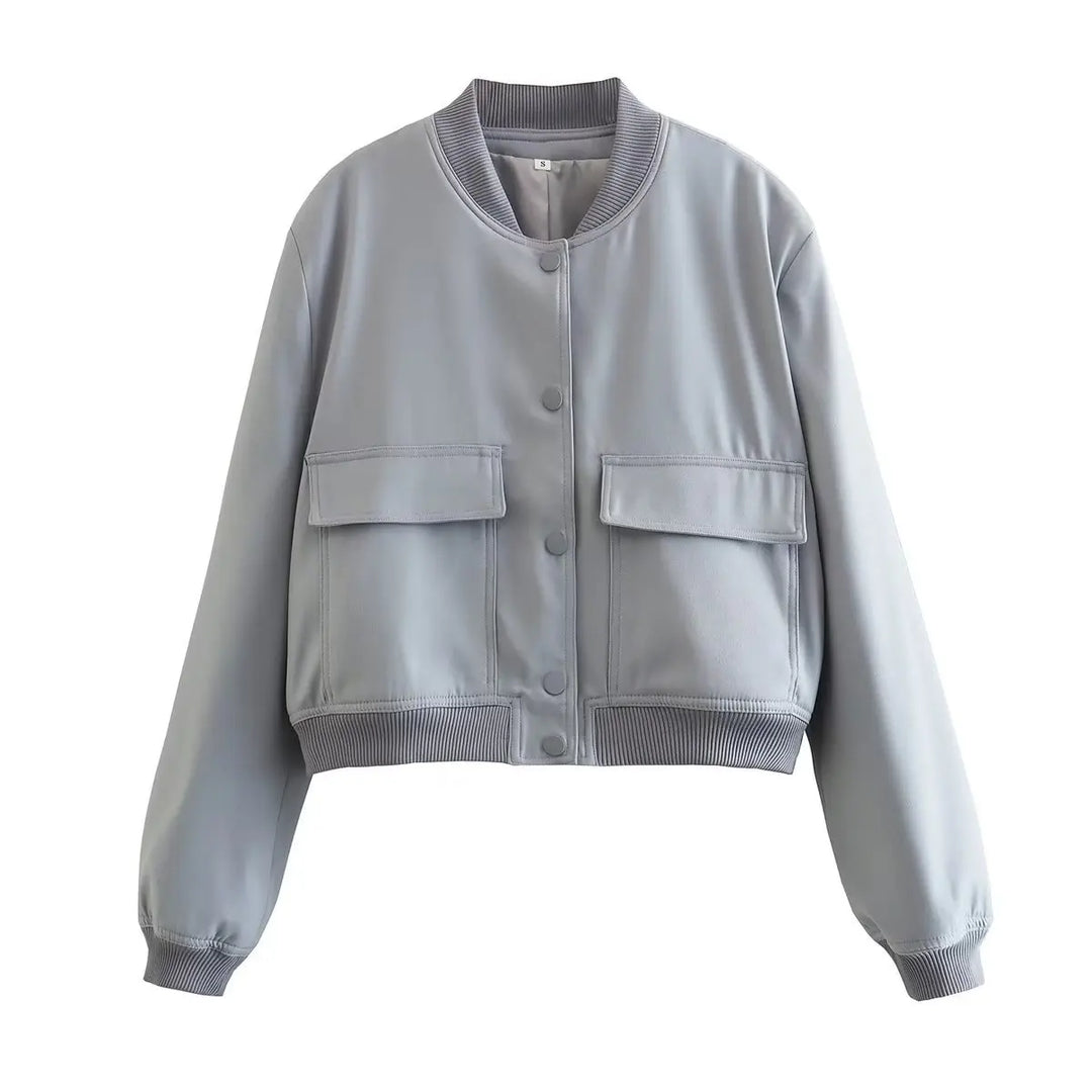 Women's Bomber Jacket Cropped Snap Button Flap Pocket | Casual