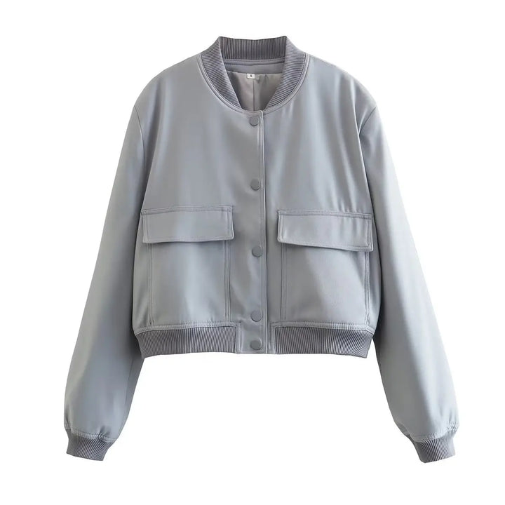 Women's Bomber Jacket Cropped Snap Button Flap Pocket | Casual
