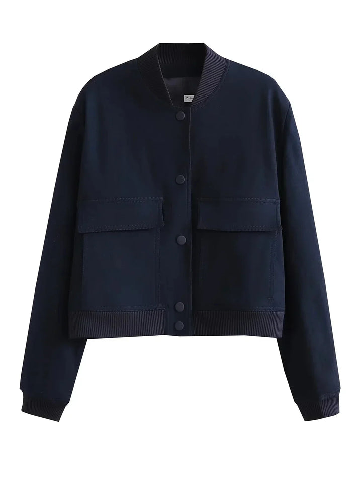 Women's Bomber Jacket Cropped Snap Button Flap Pocket | Casual