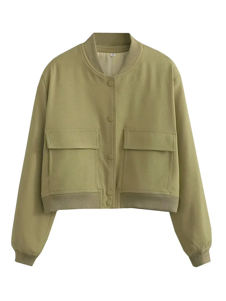 Women's Bomber Jacket Cropped Snap Button Flap Pocket | Casual