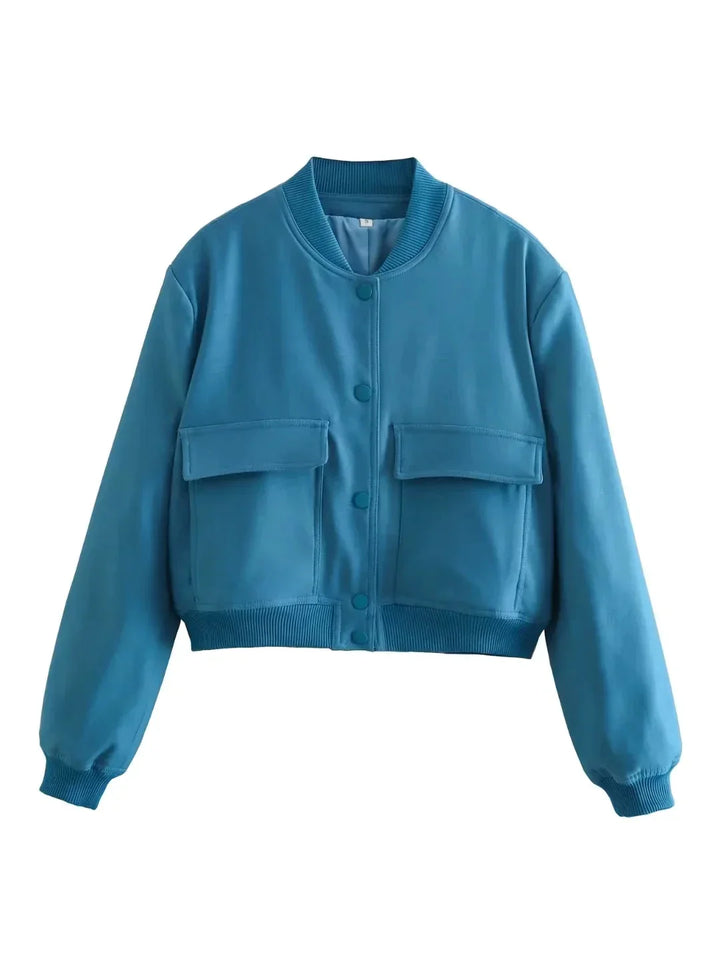 Women's Bomber Jacket Cropped Snap Button Flap Pocket | Casual