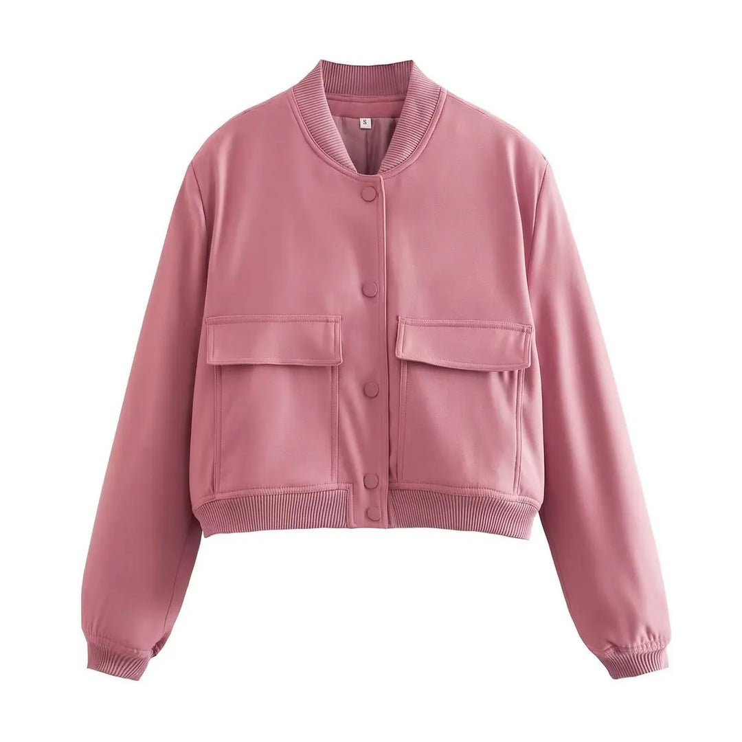 Women's Bomber Jacket Cropped Snap Button Flap Pocket | Casual