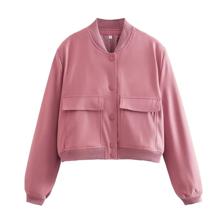 Women's Bomber Jacket Cropped Snap Button Flap Pocket | Casual