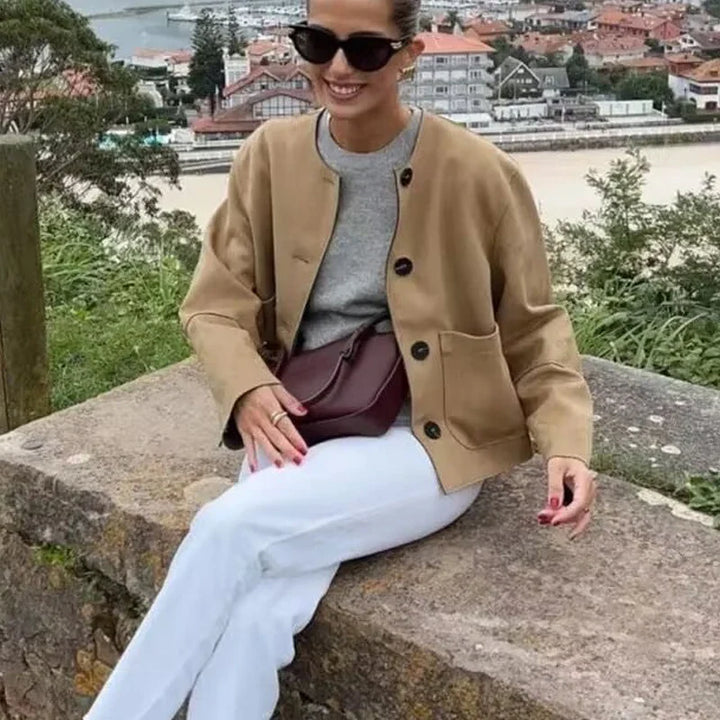 Women's Bomber Jacket with Front Pockets & Button Front | Cropped