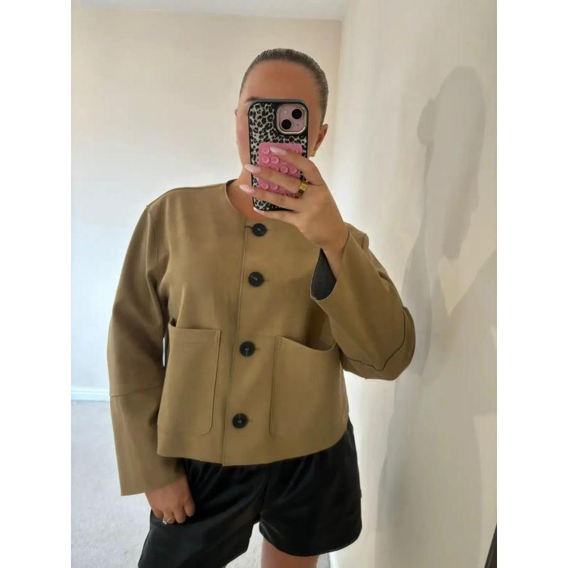 Women's Bomber Jacket with Front Pockets & Button Front | Cropped