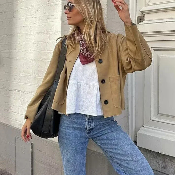 Women's Bomber Jacket with Front Pockets & Button Front | Cropped