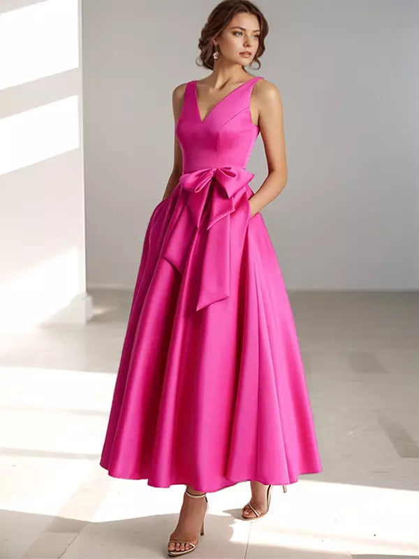 Women's Bridesmaid Dress V-neck with Bow Waist | Midi