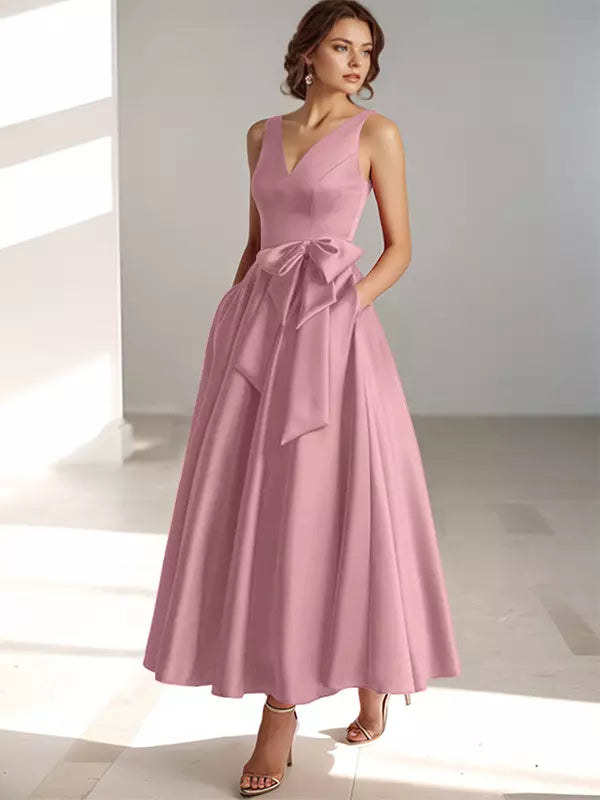 Women's Bridesmaid Dress V-neck with Bow Waist | Midi