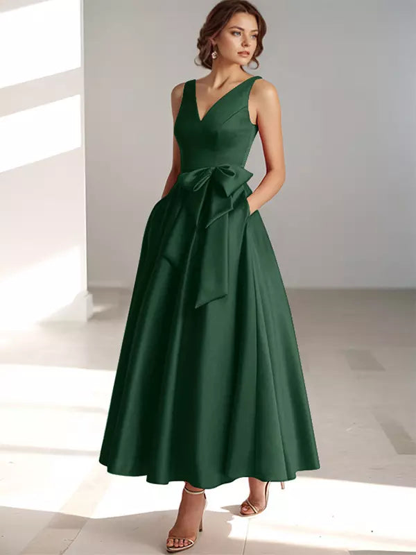 Women's Bridesmaid Dress V-neck with Bow Waist | Midi
