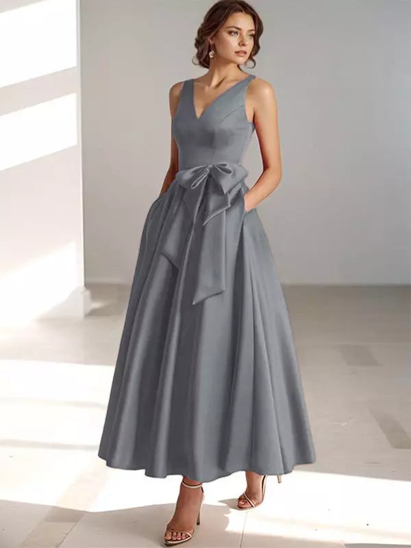 Women's Bridesmaid Dress V-neck with Bow Waist | Midi