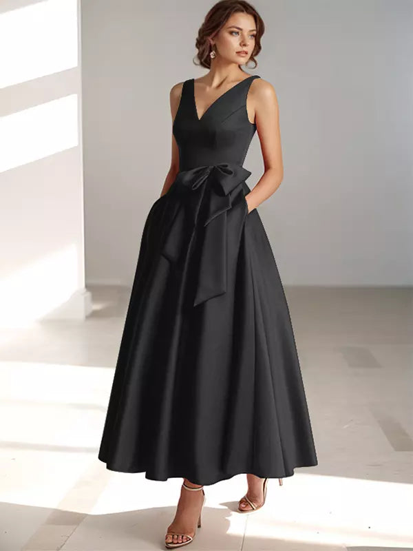 Women's Bridesmaid Dress V-neck with Bow Waist | Midi