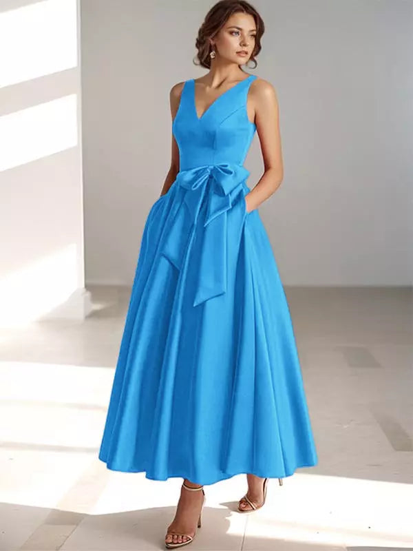 Women's Bridesmaid Dress V-neck with Bow Waist | Midi