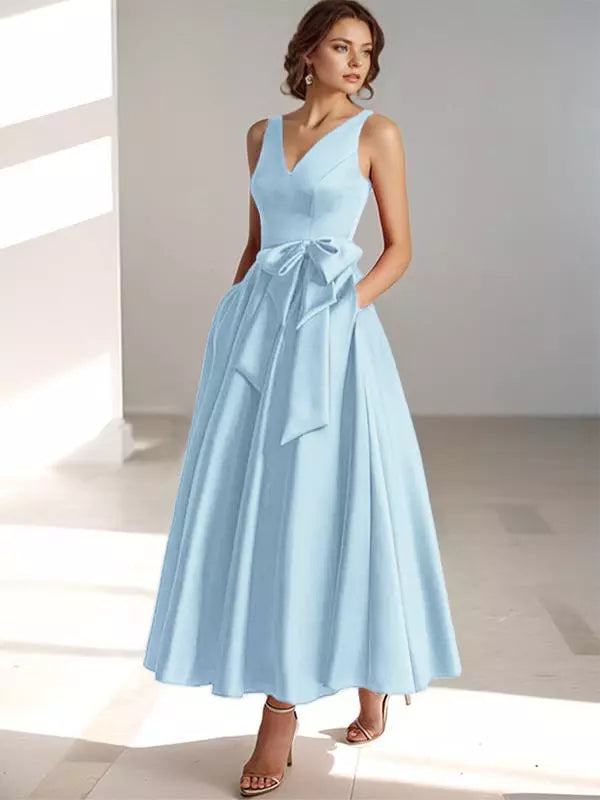 Women's Bridesmaid Dress V-neck with Bow Waist | Midi