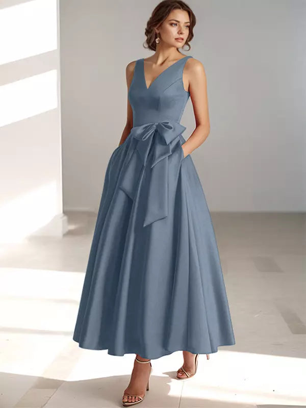 Women's Bridesmaid Dress V-neck with Bow Waist | Midi