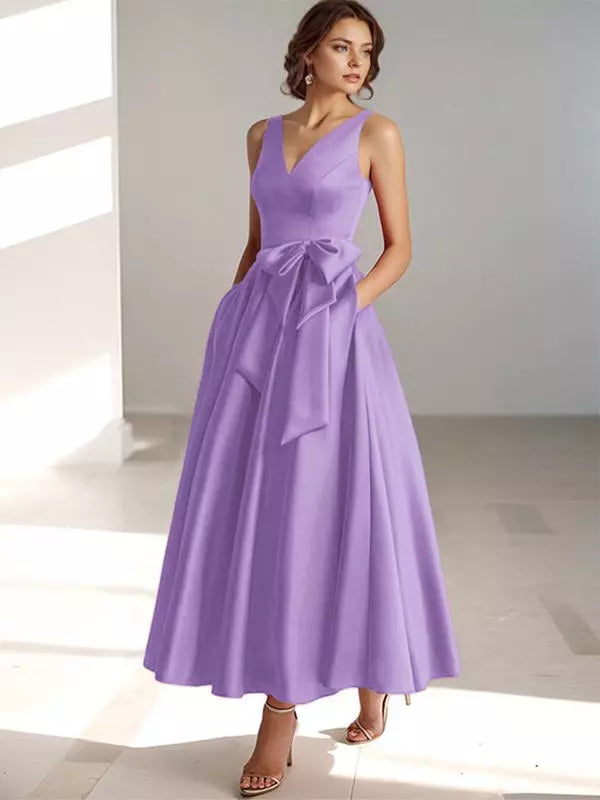 Women's Bridesmaid Dress V-neck with Bow Waist | Midi