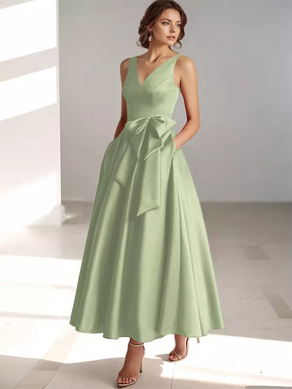 Women's Bridesmaid Dress V-neck with Bow Waist | Midi