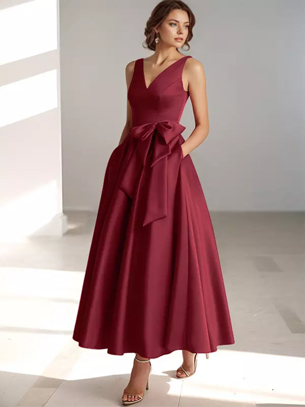 Women's Bridesmaid Dress V-neck with Bow Waist | Midi