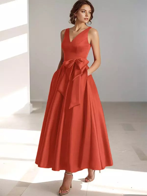 Women's Bridesmaid Dress V-neck with Bow Waist | Midi