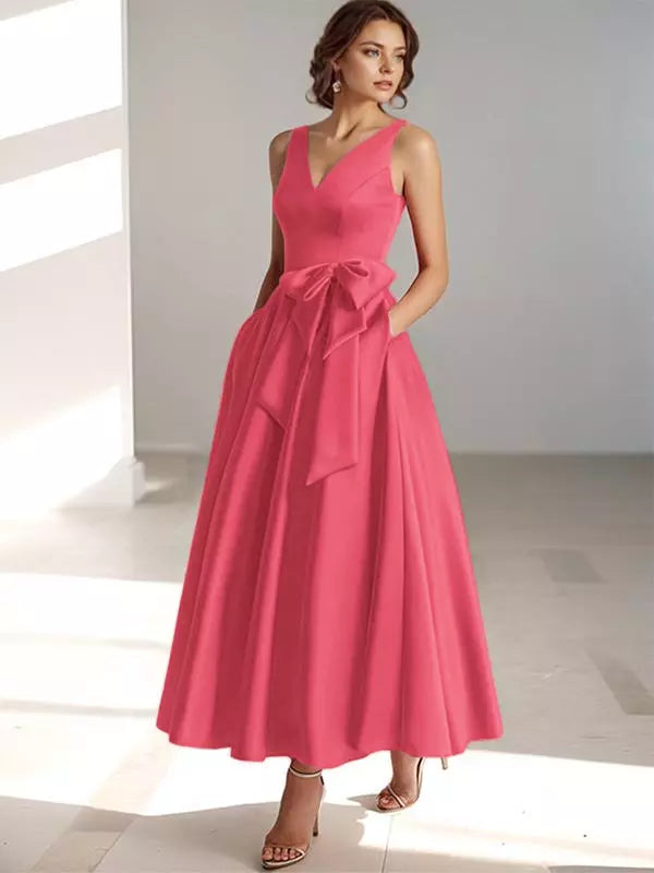 Women's Bridesmaid Dress V-neck with Bow Waist | Midi