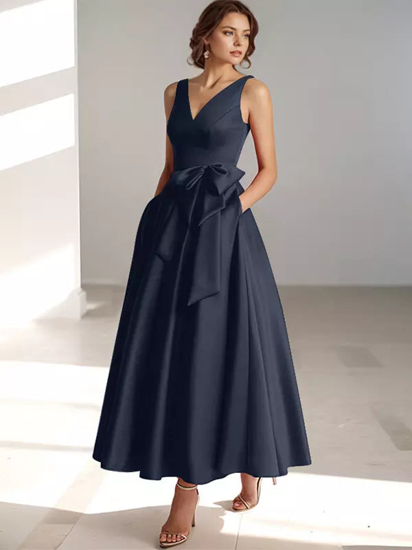 Women's Bridesmaid Dress V-neck with Bow Waist | Midi