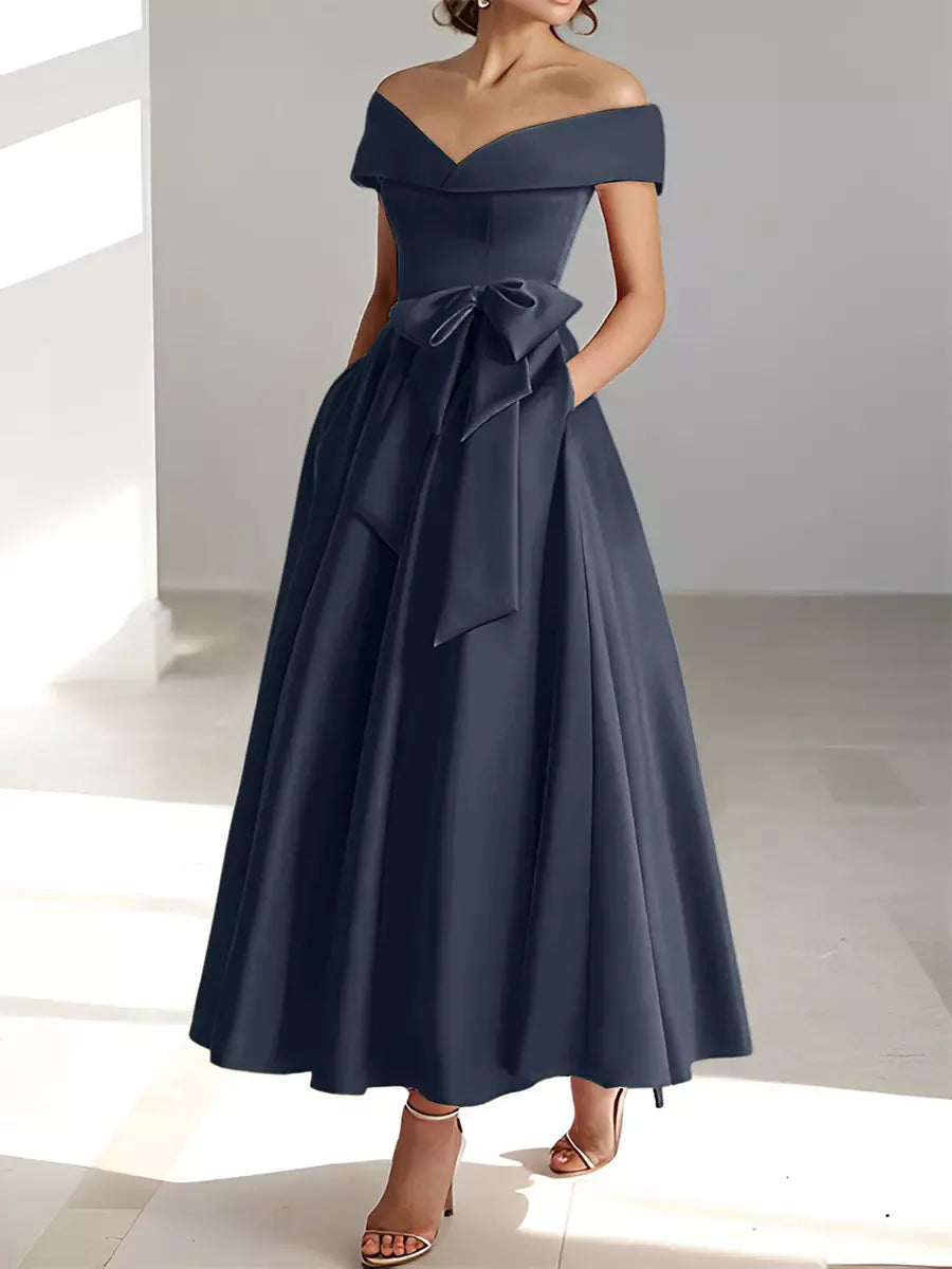 Women's Bridesmaid Dress Off Shoulder Bow Waist | Maxi