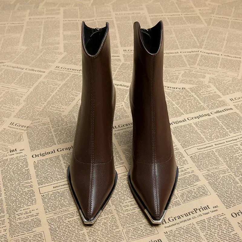 Women's Brown Boots Ankle Block Heel Pointed Toe | Heeled