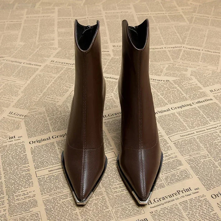 Women's Brown Boots Ankle Block Heel Pointed Toe | Heeled