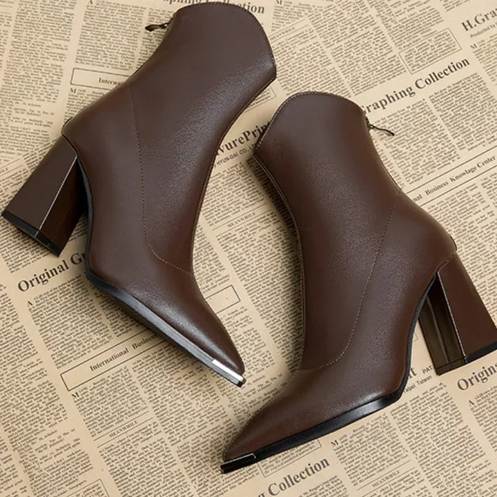 Women's Brown Boots Ankle Block Heel Pointed Toe | Heeled