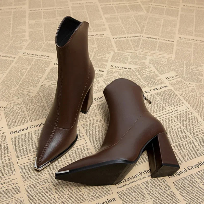 Women's Brown Boots Ankle Block Heel Pointed Toe | Heeled