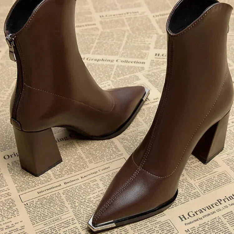 Women's Brown Boots Ankle Block Heel Pointed Toe | Heeled