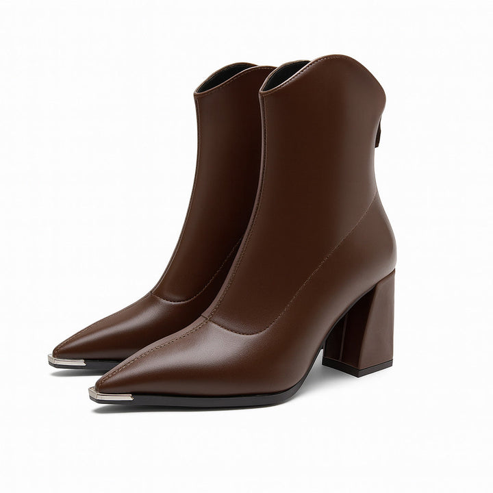Women's Brown Boots Ankle Block Heel Pointed Toe | Heeled