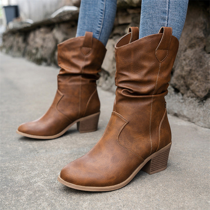 Women's Brown Boots Slouchy Block Heel | Slip On