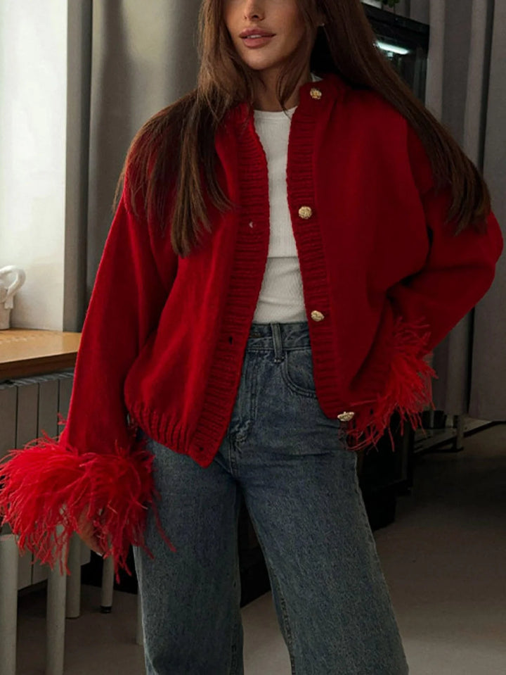 Women's Cardigan Knit Button Up Feather Cuffs | Party