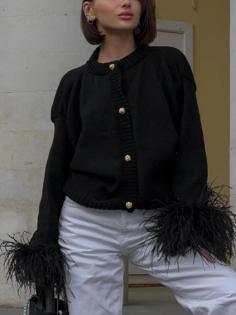 Women's Cardigan Knit Button Up Feather Cuffs | Party