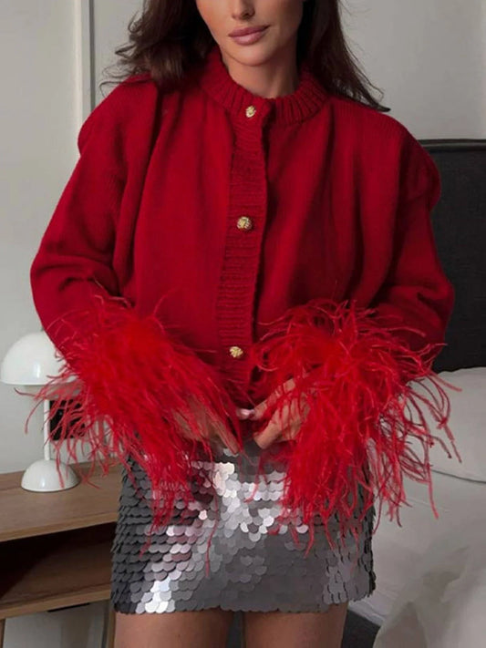 Women's Cardigan Knit Button Up Feather Cuffs | Party