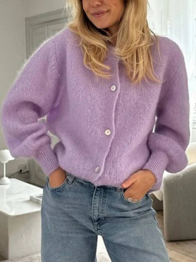 Women's Cardigan Oversized Button Front with Round Neck | Fluffy