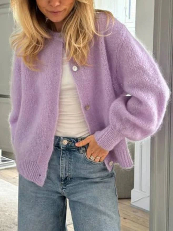 Women's Cardigan Oversized Button Front with Round Neck | Fluffy