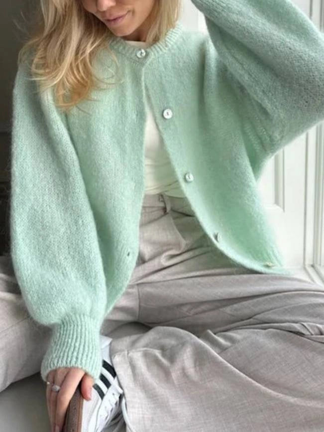 Women's Cardigan Oversized Button Front with Round Neck | Fluffy