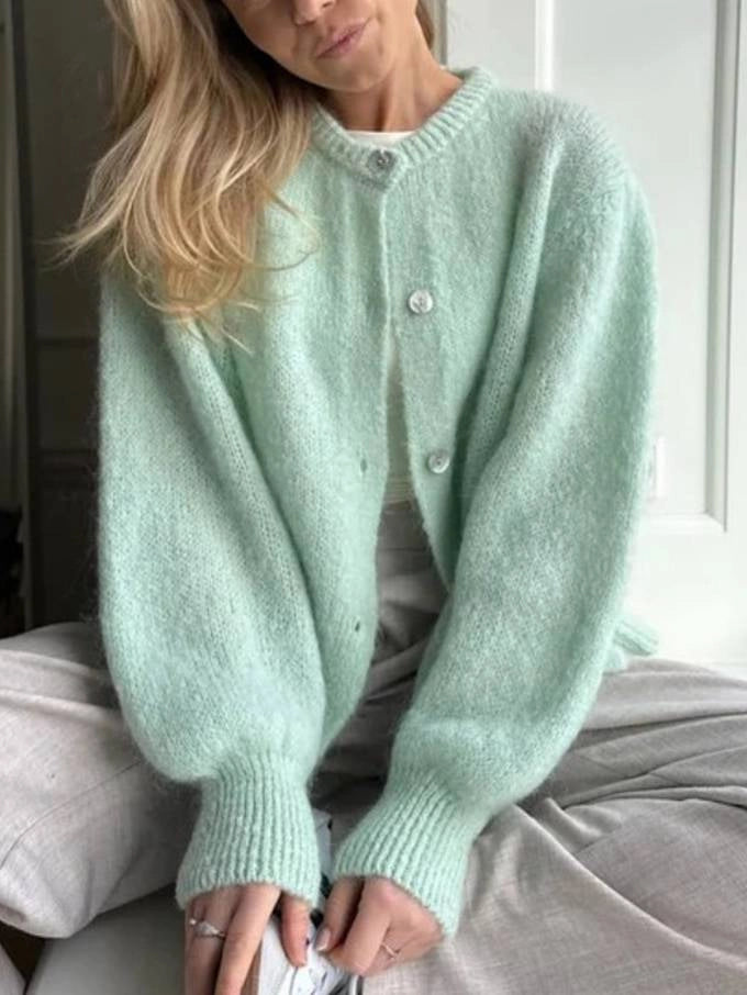 Women's Cardigan Oversized Button Front with Round Neck | Fluffy