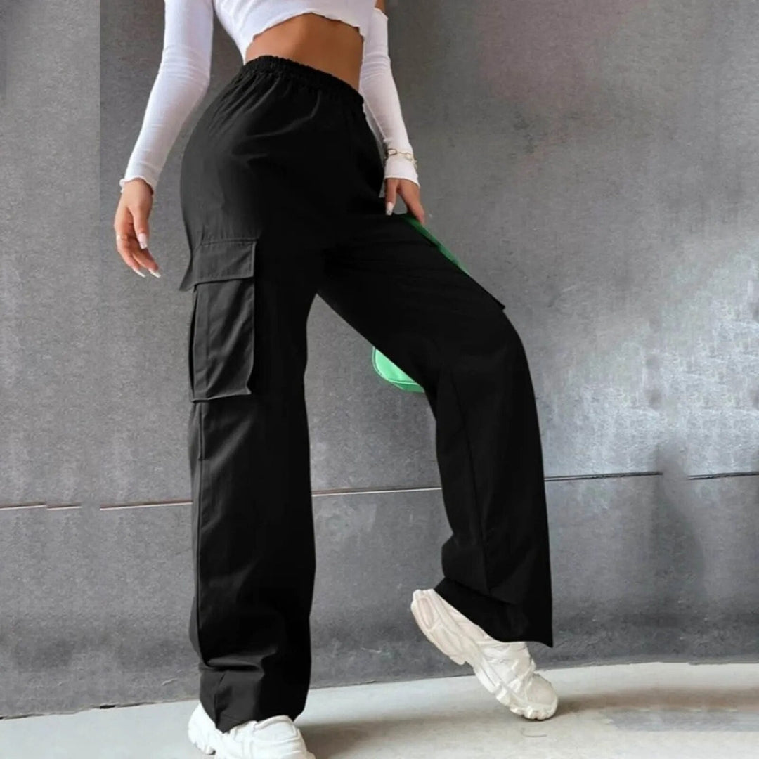 Women's Black Cargo Pants Wide Leg | Contrast Lining