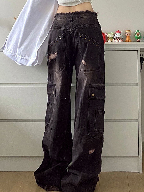 Women's Cargo Wide Leg Jeans with Distressed Rips | Baggy Fit