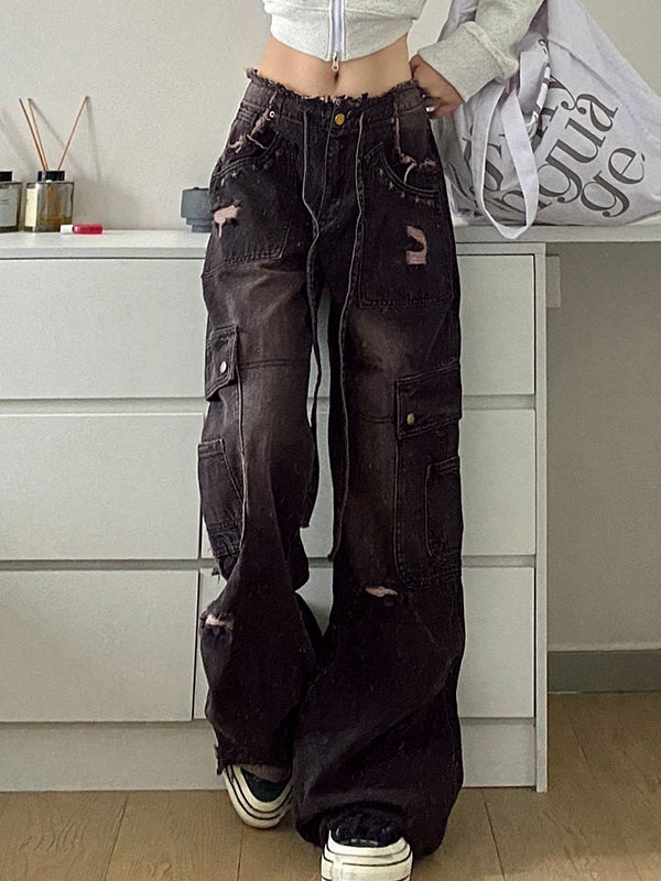 Women's Cargo Wide Leg Jeans with Distressed Rips | Baggy Fit