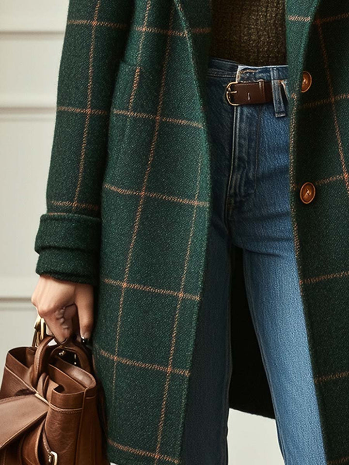 Women's Checkered Trench Coat with Lapel | Long