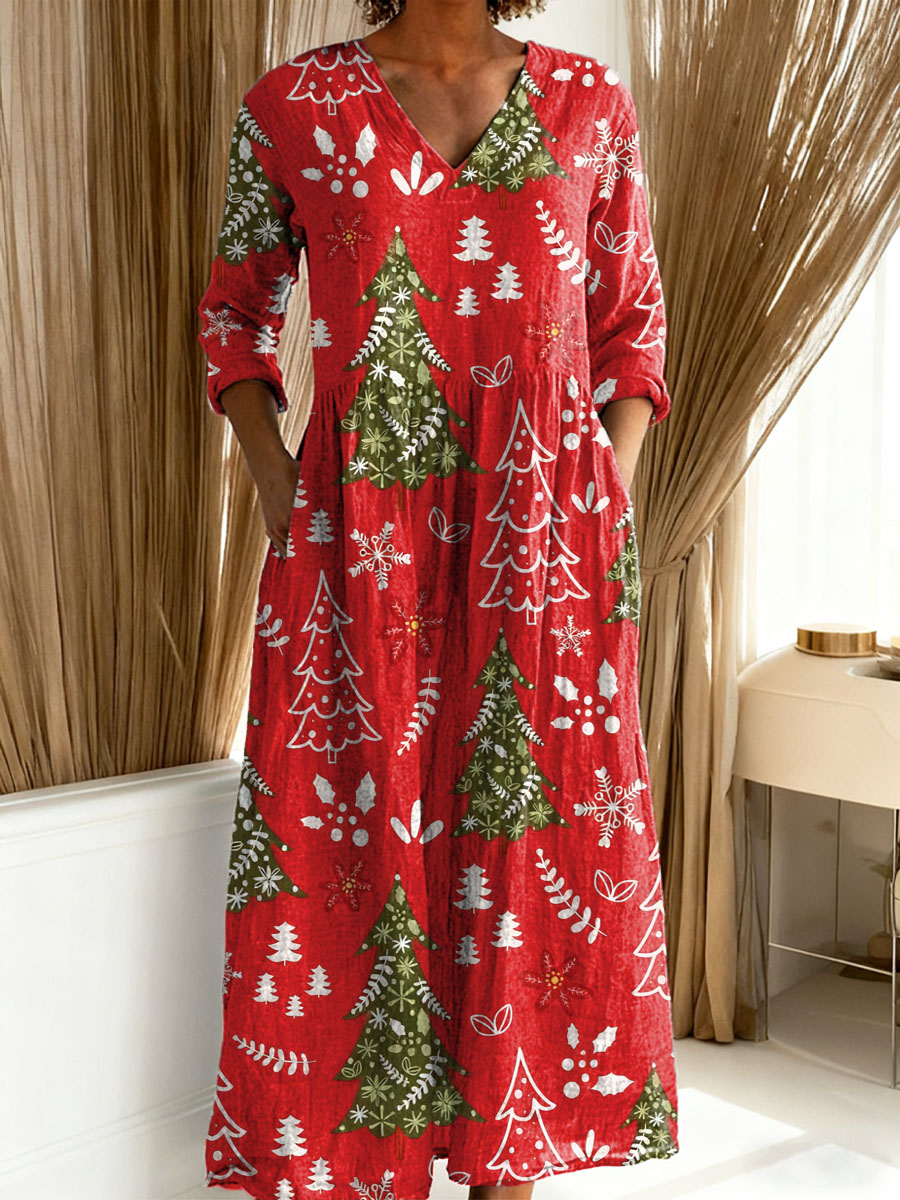 Women’s Christmas Dress with Tree and Floral Design | Maxi