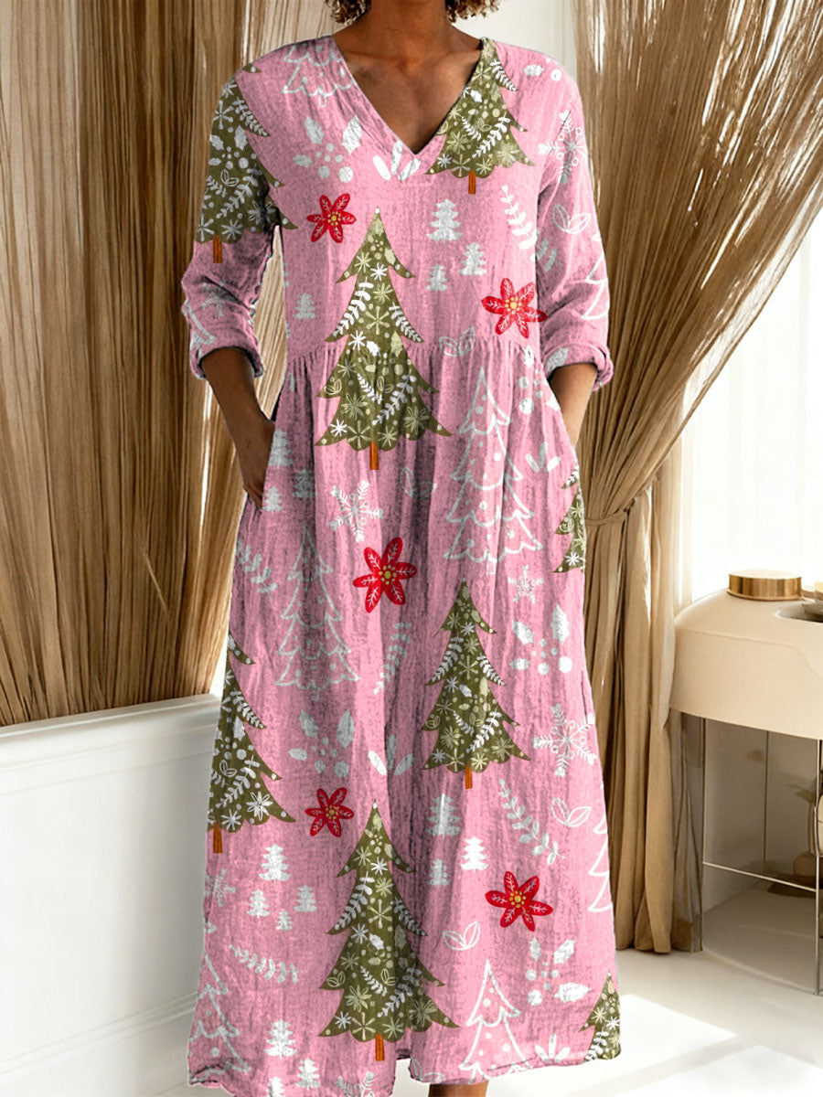 Women’s Christmas Dress with Tree and Floral Design | Maxi