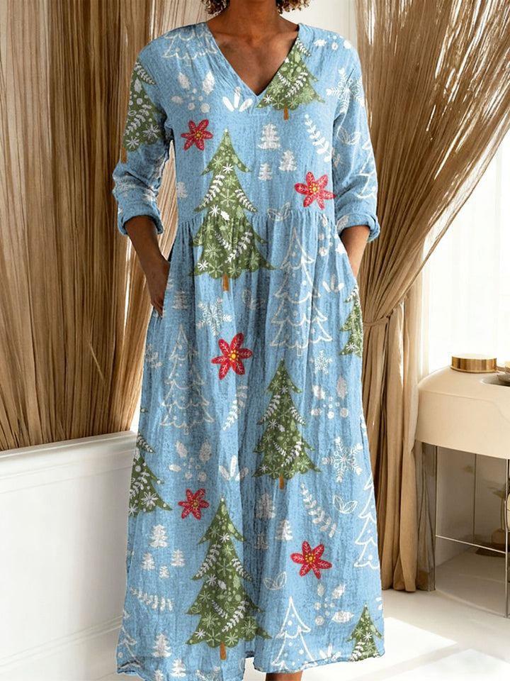 Women’s Christmas Dress with Tree and Floral Design | Maxi